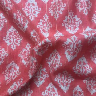White Mughal Motif Peach Orange Viscose Lurex Chanderi Fabric