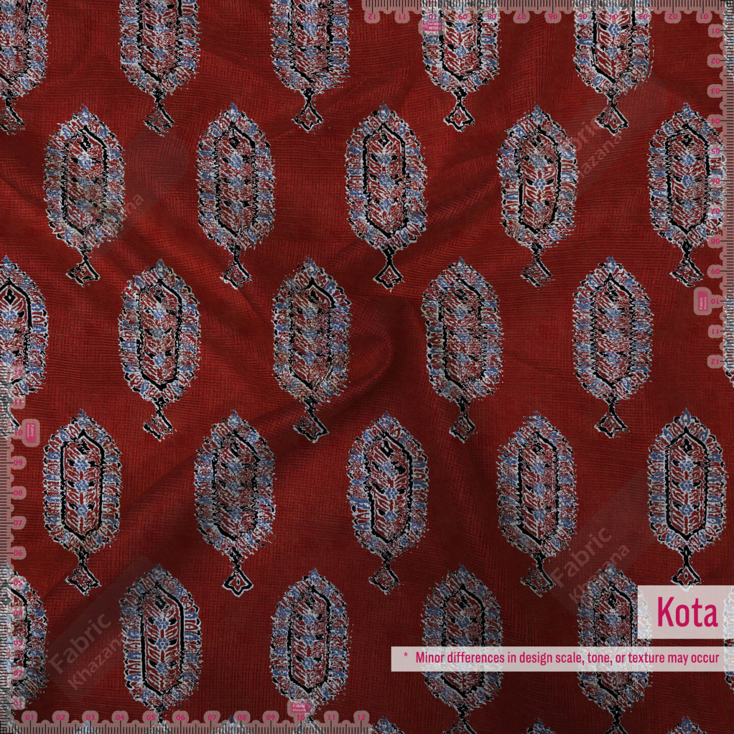 Elegant Red Printed Polyester Fabric with Blue Leaf Design